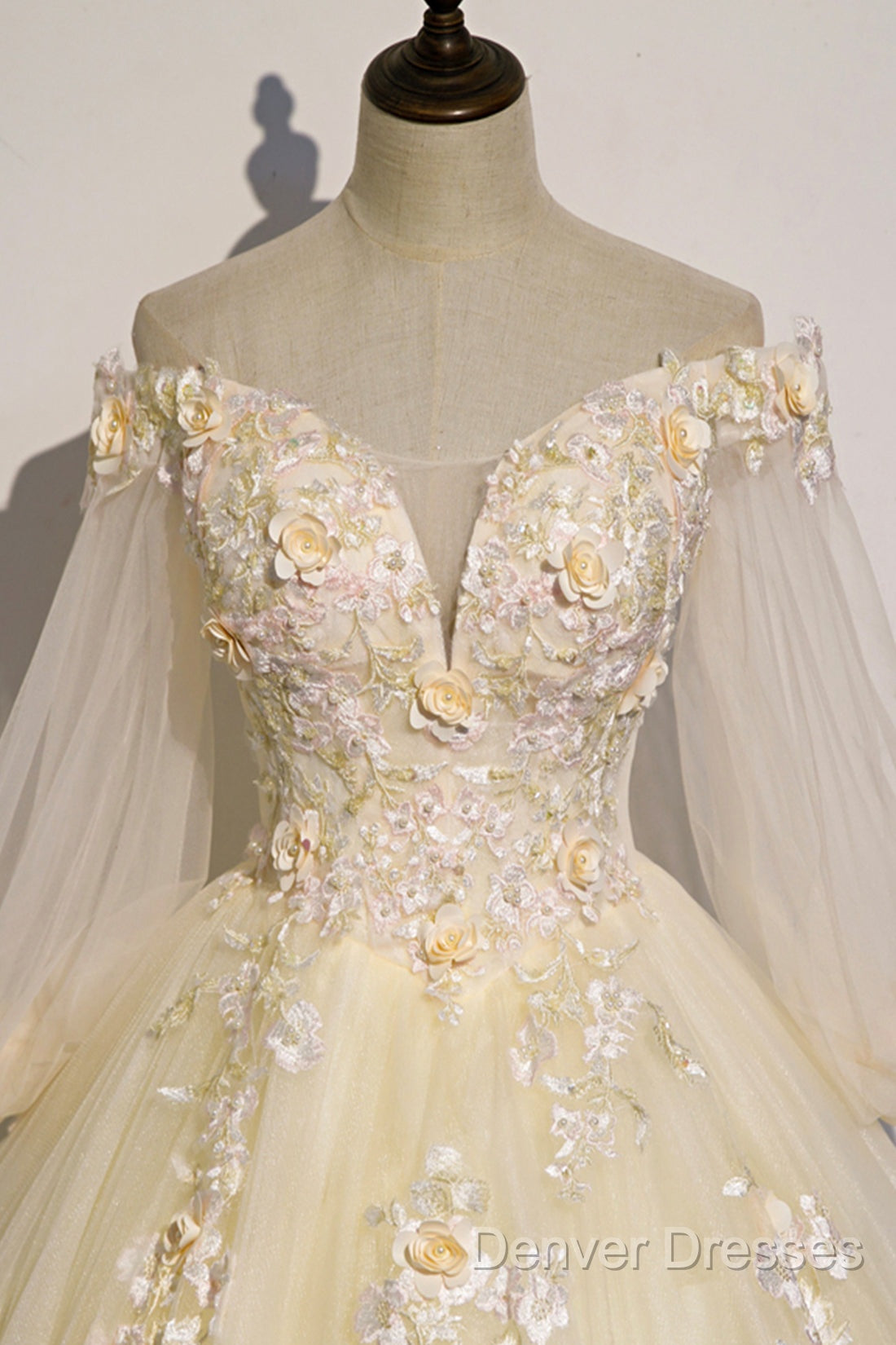 Champagne Tulle Lace Floor Length Prom Dress, Off Shoulder Long Sleeve Evening Dress