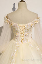 Champagne Tulle Lace Floor Length Prom Dress, Off Shoulder Long Sleeve Evening Dress
