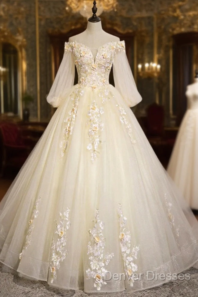 Champagne Tulle Lace Floor Length Prom Dress, Off Shoulder Long Sleeve Evening Dress