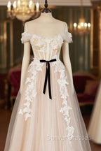 Champagne Tulle Lace Long Prom Dress, A-Line Off the Shoulder Evening Dress