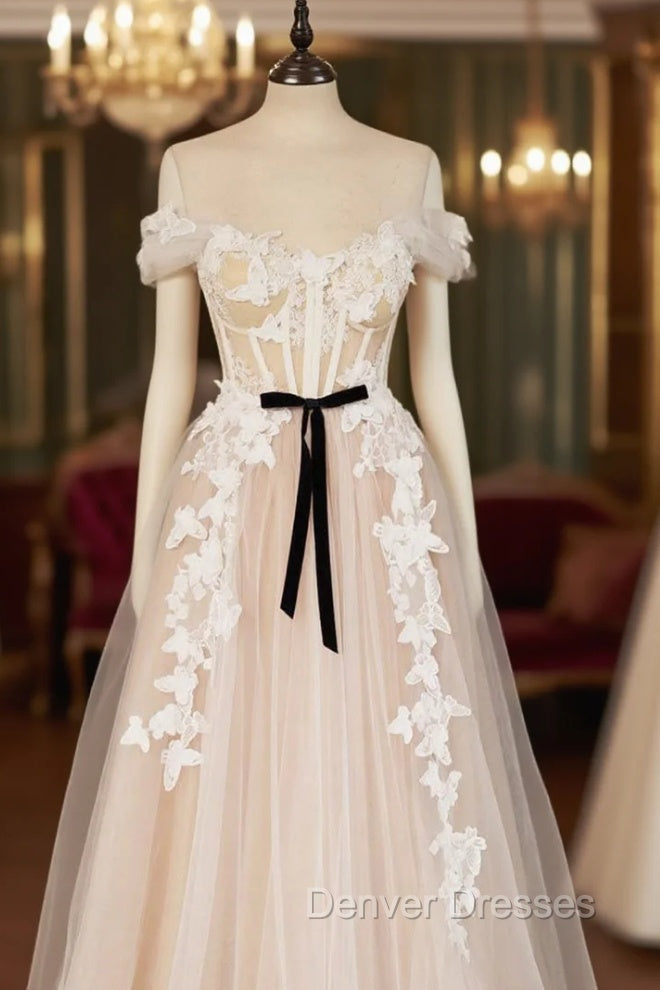 Champagne Tulle Lace Long Prom Dress, A-Line Off the Shoulder Evening Dress