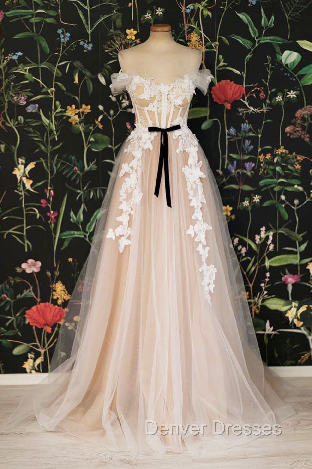 Champagne Tulle Lace Long Prom Dress, A-Line Off the Shoulder Evening Dress Main image