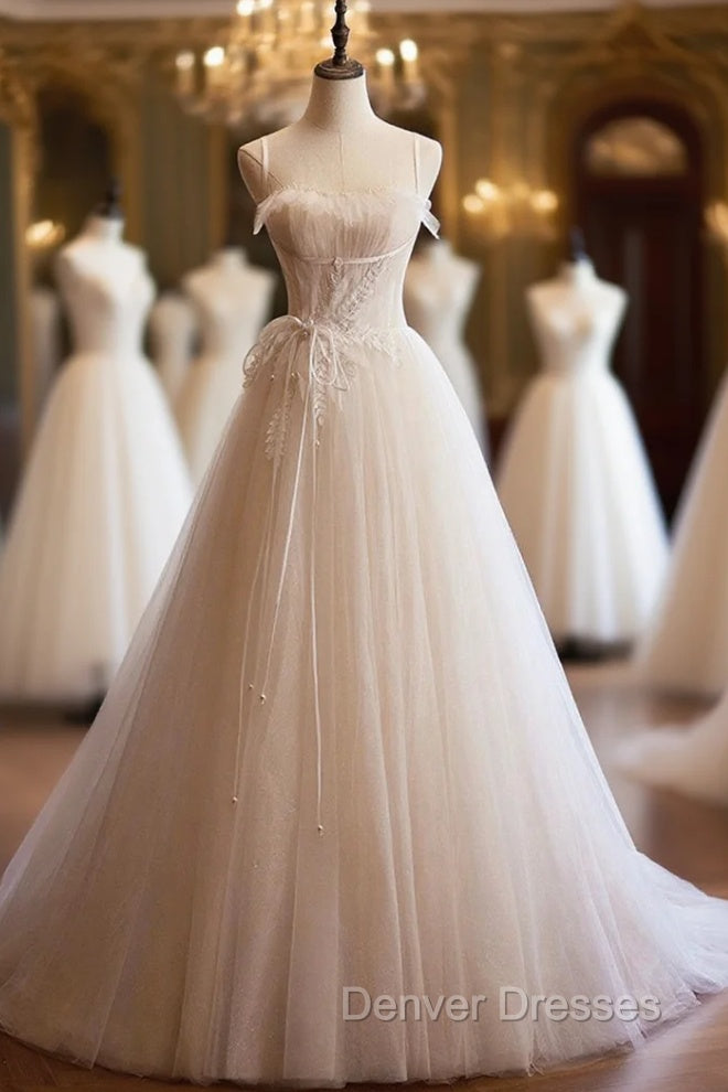 Champagne Tulle Lace Long Prom Dress, A-Line Spaghetti Straps Backless Evening Dress Main image