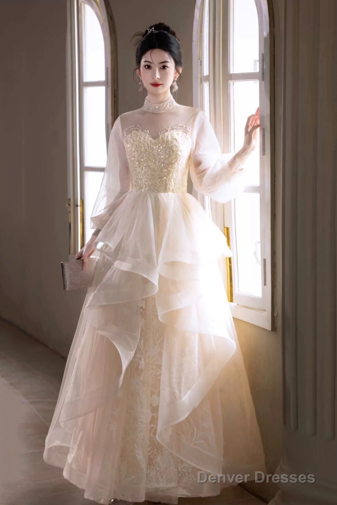 Champagne Tulle Lace Long Prom Dress, Beautiful Long Sleeve Evening Party Dress Main image