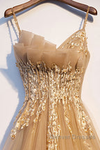 Champagne tulle lace long prom Dress champagne formal Dress