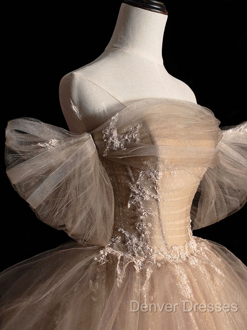 Champagne Tulle Lace Long Prom Dress, Champagne Formal Evening Dress Secondary image
