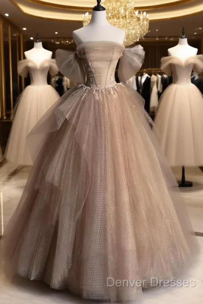 Champagne Tulle Lace Long Prom Dress, Champagne Formal Evening Dress Main image