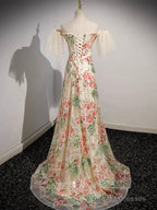 Champagne Tulle Lace Long Prom Dress, Champagne Long Formal Dress