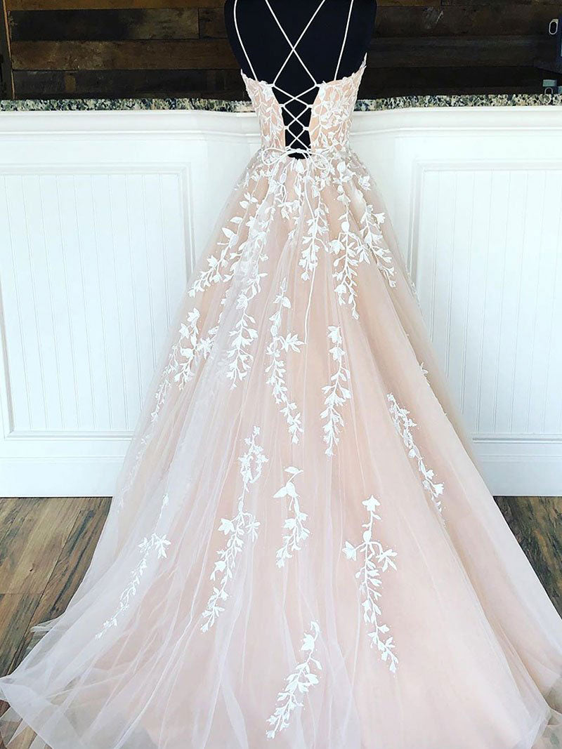 Champagne Tulle Lace Long Prom Dress Lace Tulle Evening Dress Secondary image