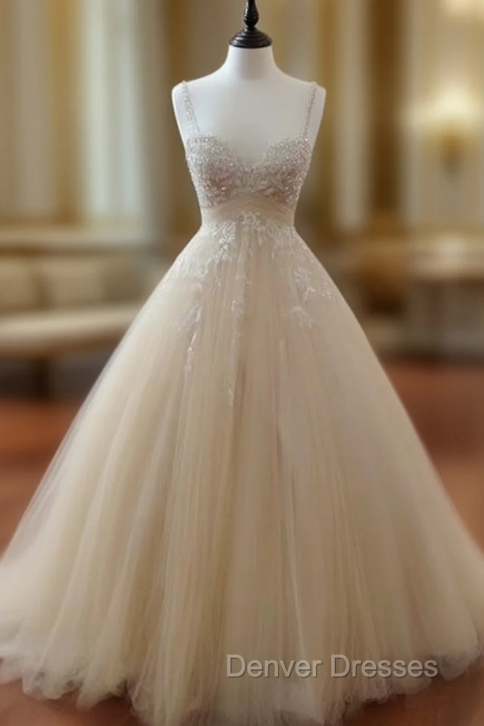 Champagne Tulle Lace Long Prom Dress, Lace Wedding Dress Main image