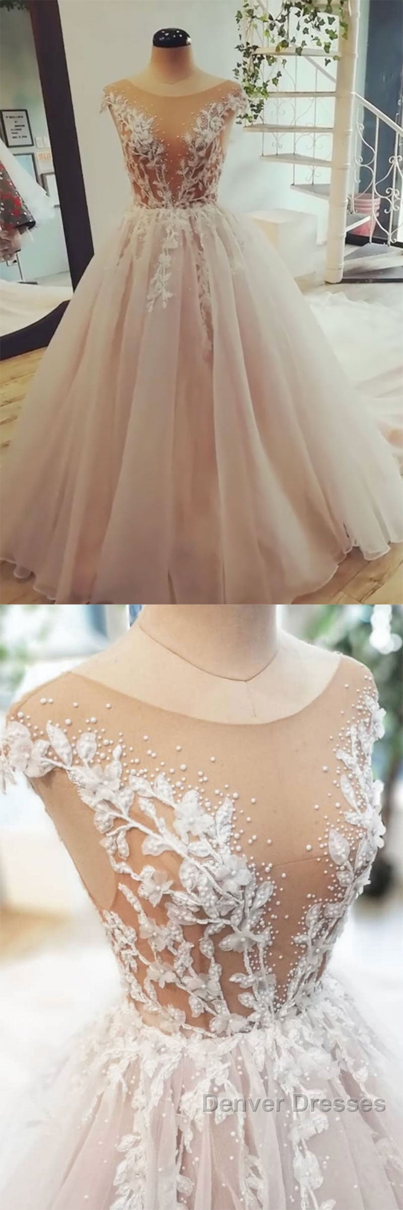 Champagne tulle lace long prom Dress, tulle evening Dress