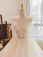 Champagne Tulle Lace Long Wedding Dress, Lace Tulle Wedding Gown