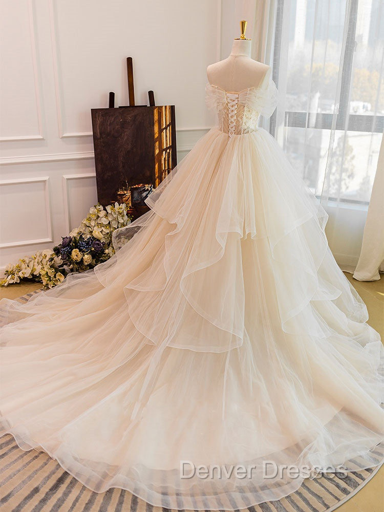 Champagne Tulle Lace Long Wedding Dress, Lace Tulle Wedding Gown Secondary image