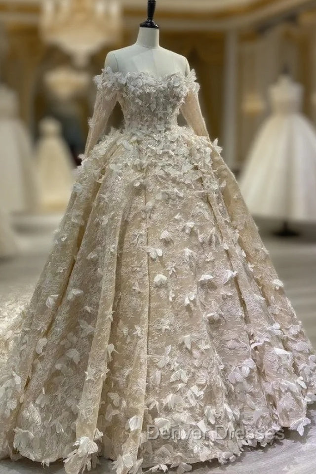 Champagne Tulle Lace Off the Shoulder Butterfly Appliques Wedding Dress Main image