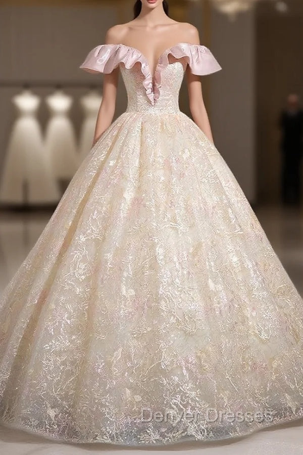 Champagne Tulle Lace Off the Shoulder Quinceanera Dress Main image