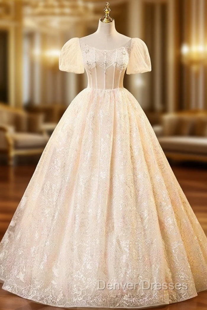 Champagne Tulle Lace Puff Sleeve Beading Quinceanera Dress Main image
