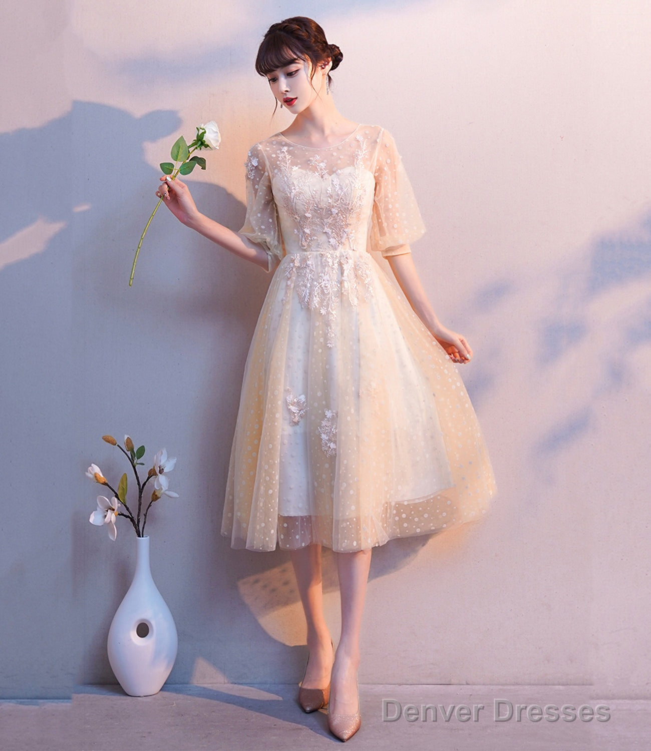 Champagne Tulle Lace Short A Line Homecoming Dress