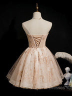 Champagne Tulle Lace Short Prom Dress, Puffy Champagne Homecoming Dress