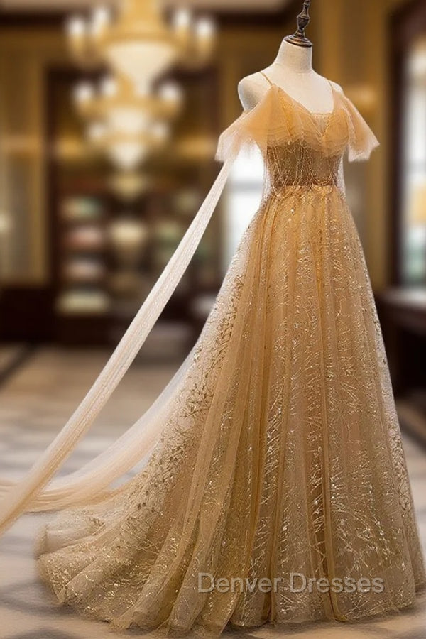 Champagne Tulle Lace V-neckline Beaded Unique Floor Length Party Dress, New Prom Dress Evening Dress Secondary image