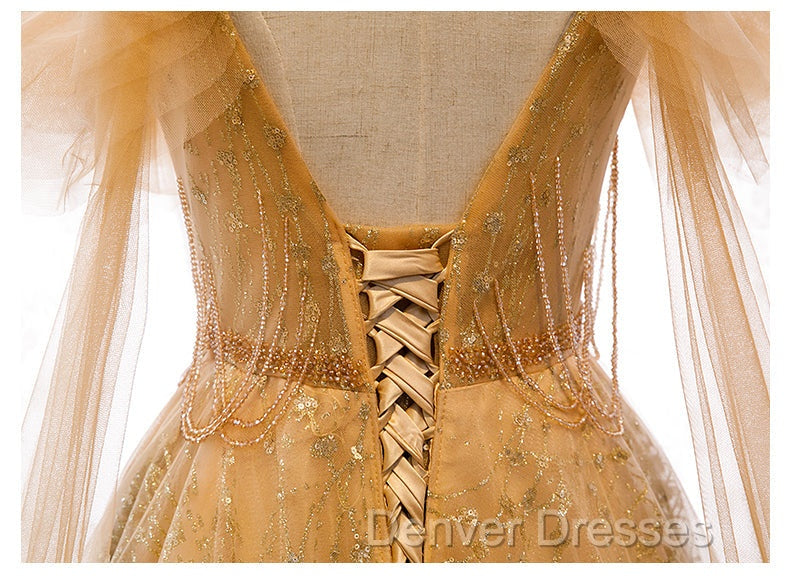 Champagne Tulle Lace V-neckline Beaded Unique Floor Length Party Dress, New Prom Dress Evening Dress