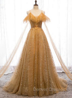 Champagne Tulle Lace V-neckline Beaded Unique Floor Length Party Dress, New Prom Dress Evening Dress