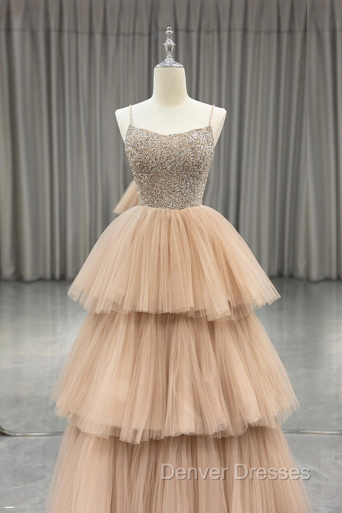 Champagne Tulle Layers Long A-Line Prom Dress, Spaghetti Strap Beaded Evening Dress Secondary image