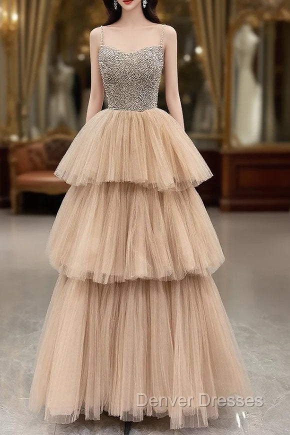 Champagne Tulle Layers Long A-Line Prom Dress, Spaghetti Strap Beaded Evening Dress Main image
