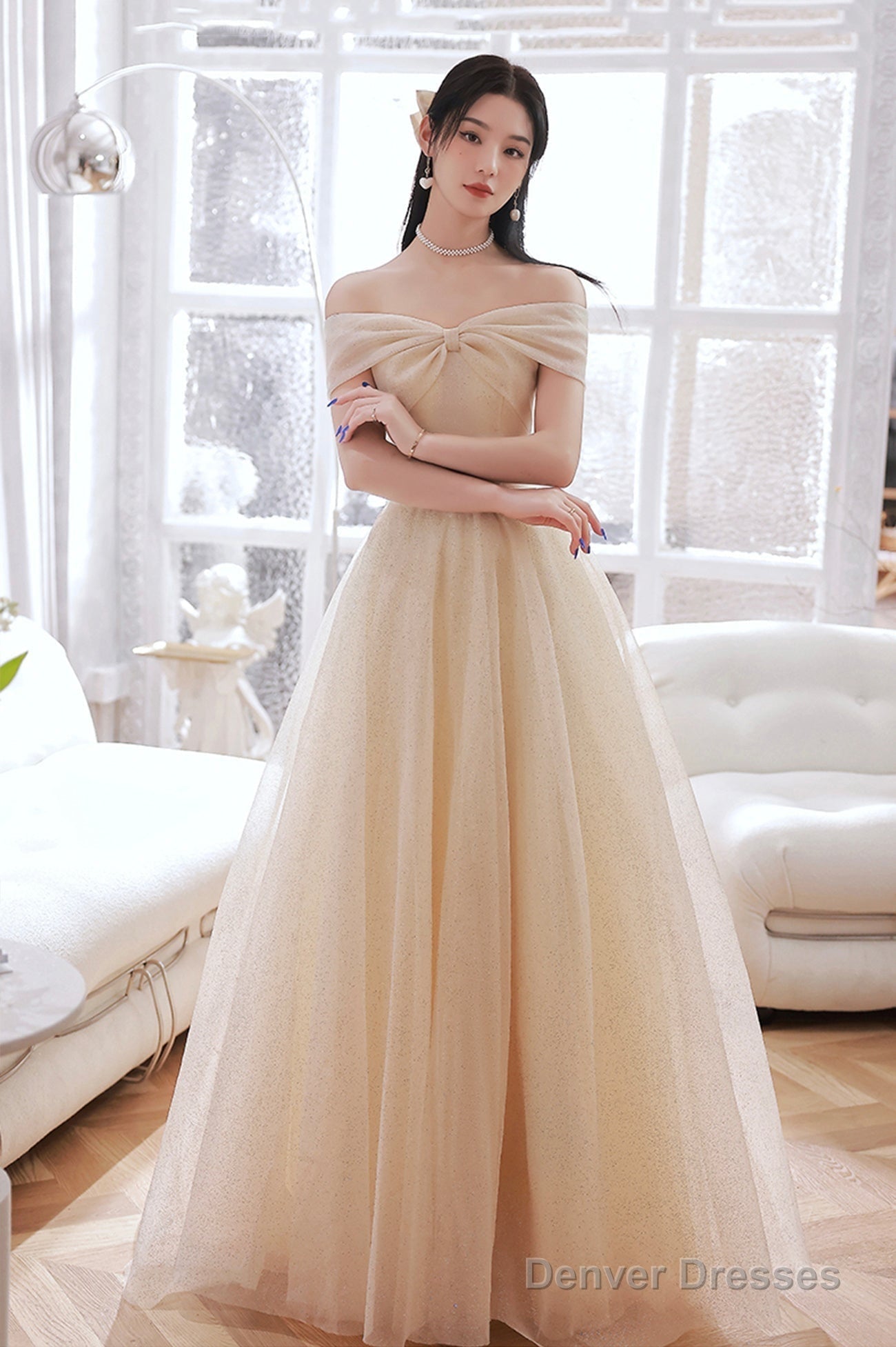 Champagne Tulle Long A-Line Prom Dress, Champagne Off The Shoulder Evening Dress Secondary image