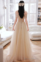 Champagne Tulle Long A-Line Prom Dress, Champagne Off The Shoulder Evening Dress
