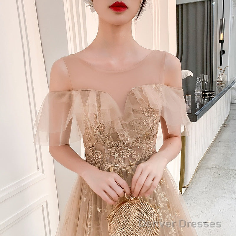 Champagne Tulle Long Party Dress Formal Dress, A-Line Off Shoulder Prom Dress Secondary image