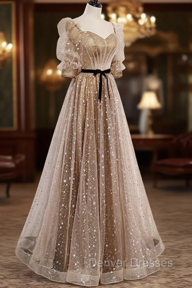 Champagne Tulle Long Party Dress, Short Sleeves A-line Formal Dress Evening Dress Secondary image