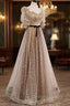 Champagne Tulle Long Party Dress, Short Sleeves A-line Formal Dress Evening Dress