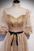 Champagne Tulle Long Party Dress, Short Sleeves A-line Formal Dress Evening Dress