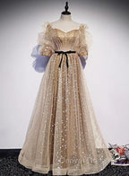 Champagne Tulle Long Party Dress, Short Sleeves A-line Formal Dress Evening Dress