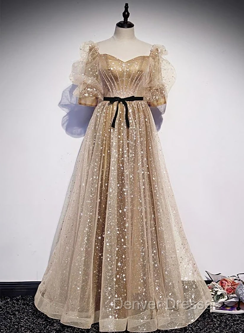 Champagne Tulle Long Party Dress, Short Sleeves A-line Formal Dress Evening Dress Main image