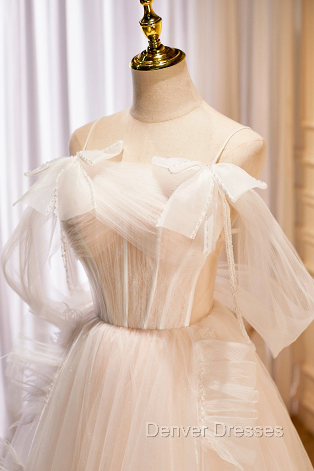 Champagne Tulle Long Prom Dress, Spaghetti Strap Evening Dress with Bow Secondary image