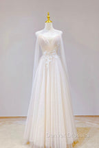 Champagne Tulle Long Prom Dress with Lace, Off the Shoulder Evening Dress