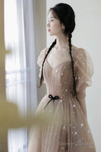 Champagne Tulle Long Prom Dresses, A-Line 1/2 Sleeve Evening Dresses