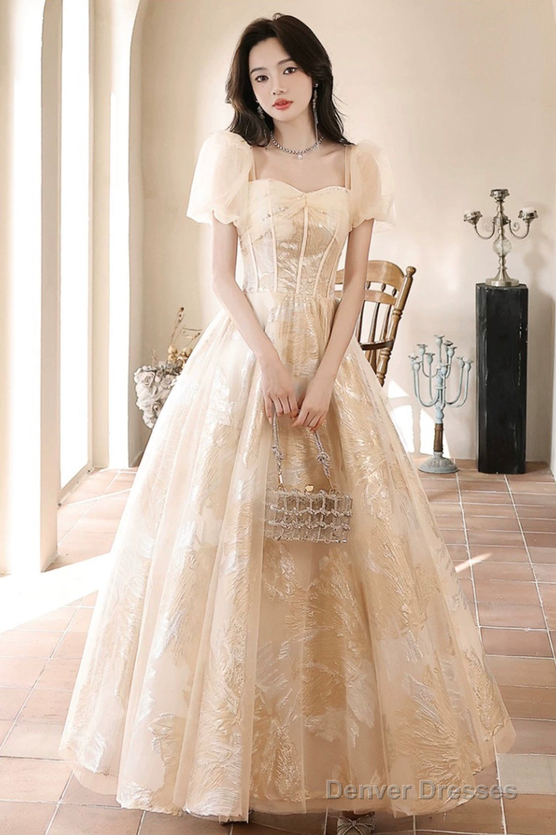 Champagne Tulle Long Prom Dresses, Champagne Short Sleeve Evening Dresses Secondary image
