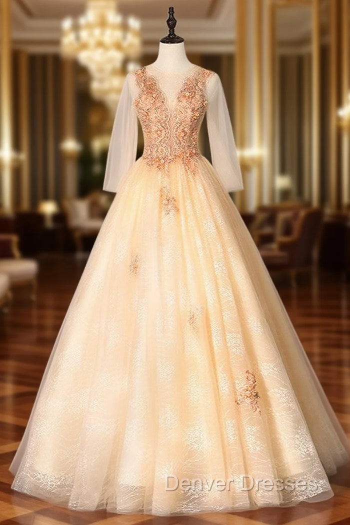 Champagne Tulle Long Sleeve Appliques Beading Quinceanera Dress Main image