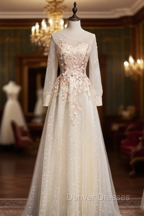 Champagne Tulle Long Sleeve Appliques Prom Dress Main image
