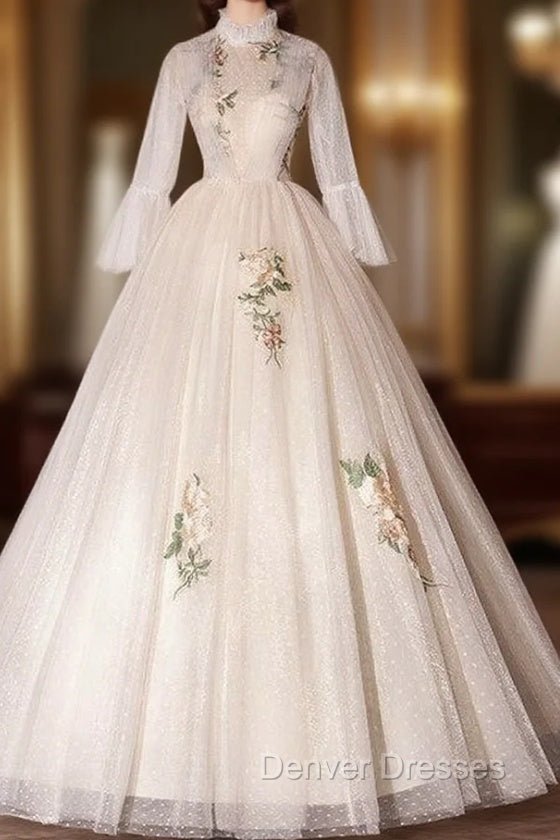 Champagne Tulle Long Sleeve Appliques Quinceanera Dress Main image