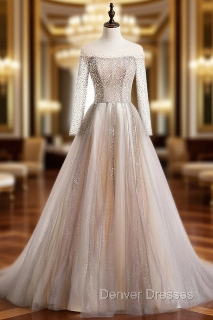 Champagne Tulle Long Sleeve Beading Prom Dress Main image