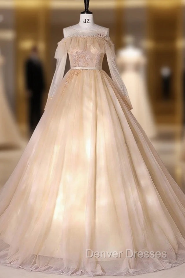 Champagne Tulle Long Sleeve Beading Quinceanera Dress Main image