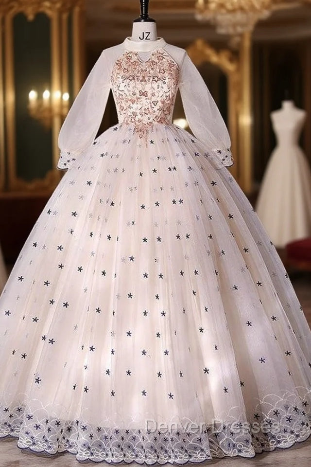Champagne Tulle Long Sleeve High Neck Quinceanera Dress