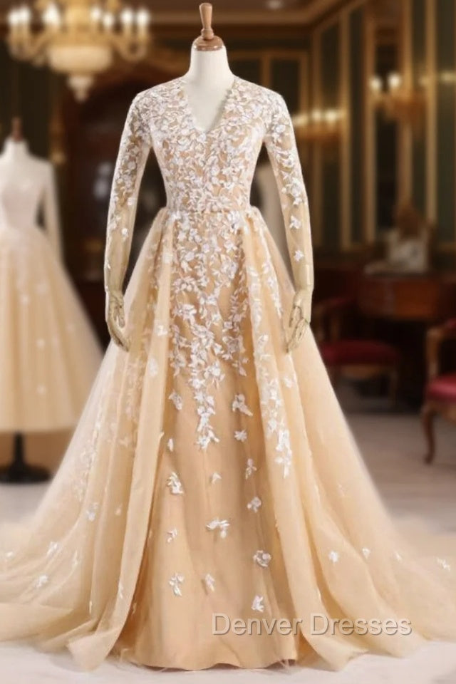 Champagne Tulle Long Sleeve Nude Color Tulle Crystal Royal Party Dress