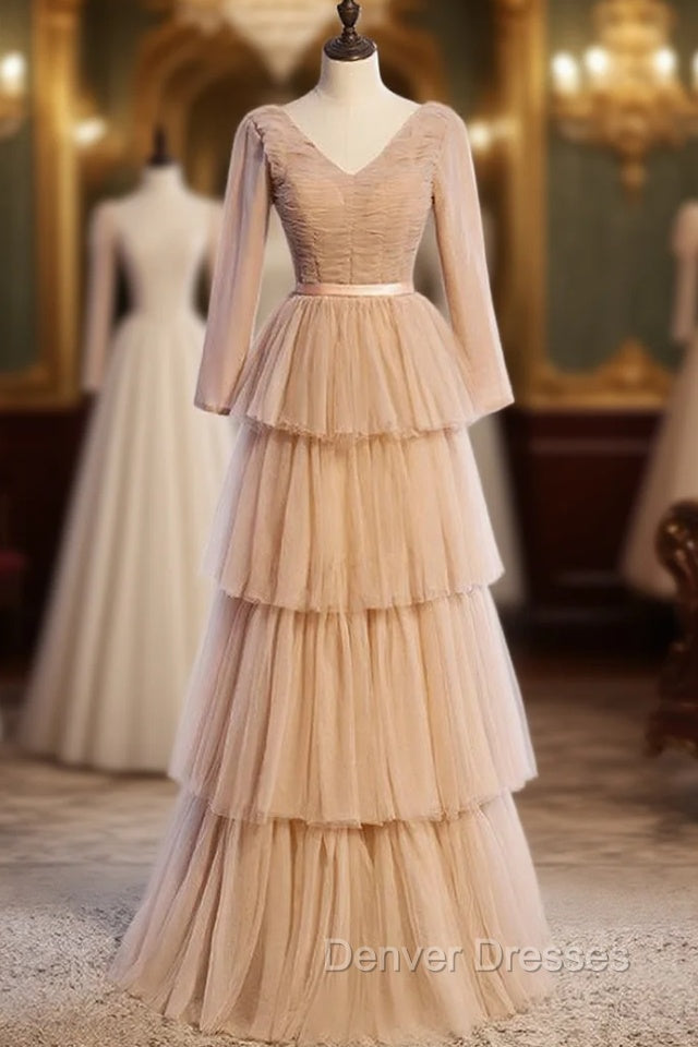 Champagne Tulle Long Sleeve V-neck Pleats Prom Dress