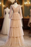Champagne Tulle Long Sleeve V-neck Pleats Prom Dress