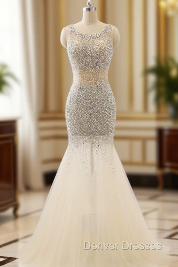 Champagne Tulle Mermaid Tulle Scoop Beaded Prom Dress