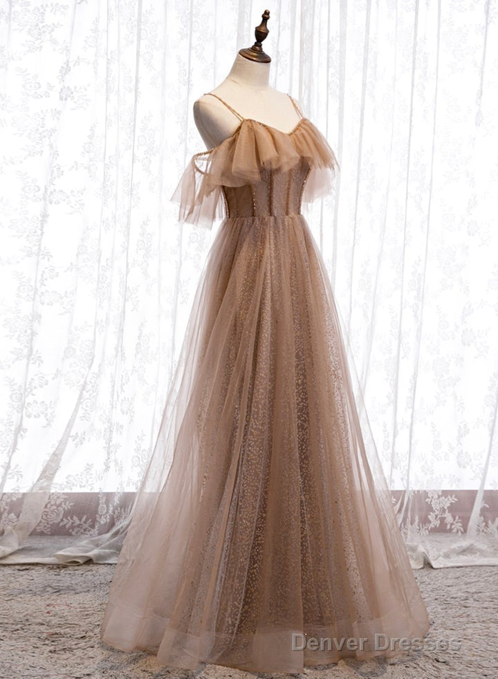 Champagne Tulle Off Shoulder Straps A-Line Prom Dress, Long Evening Dress Party Dress Secondary image